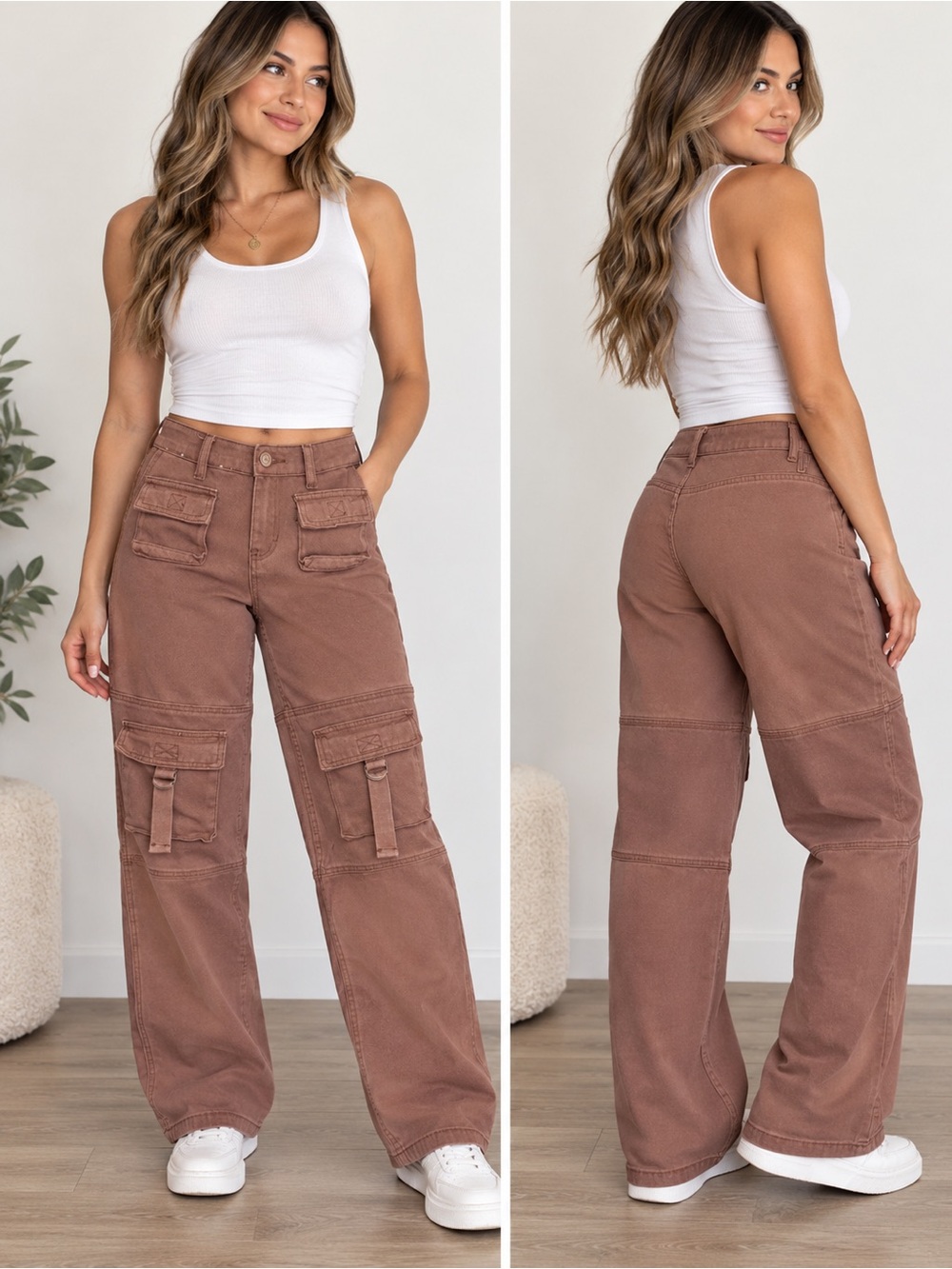 PacSun Brown Cargo Pants Utility Wide Leg 100% Cotton Size 25(3) aprox
